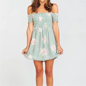 Show Me Your MuMu Mint Floral Off-Shoulder Mini Dress